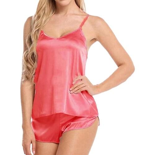 Pajama Set 2 Piece Solid Color Women Spaghetti Strap V Neck Sleepwear V neck spaghetti strap sleeveless sleepwear set