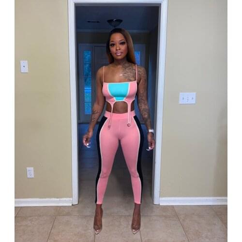 RMSFE 2021 Contrast Color Fresh And Cool Beach Sleeveless Vest + Solid Color Tight Lift The Hips Pants 2 Piece womans Set