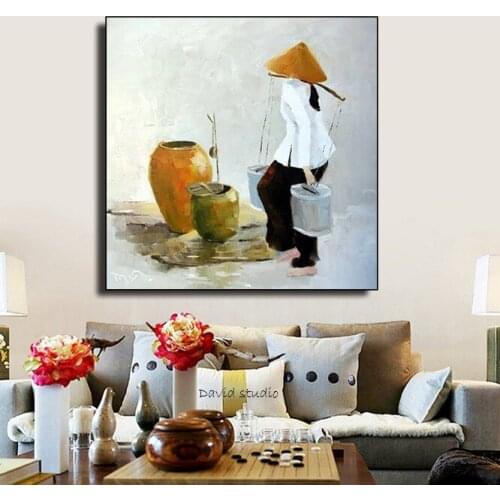 Hand Pained Oil Painting Abstract Art Folk Costume Farmer Vietnamese Art for Living Room Wall Decoration