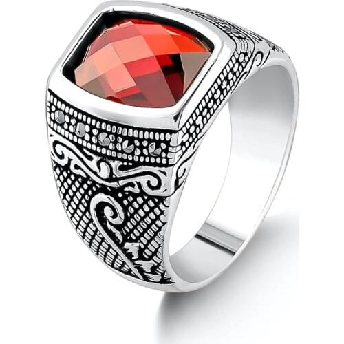 Silver Men Faceted Red Zircon Gemstone Ring Turkish Men Jewelry Ottoman Ring Solid 925 Sterling Silver