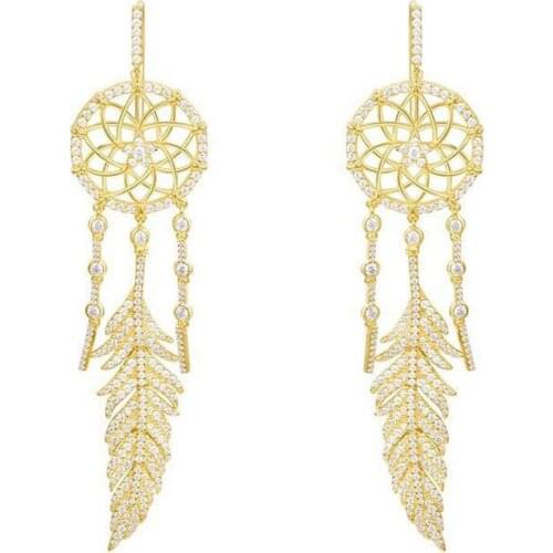 SLJELY Hot Luxury S925 Sterling Silver Yellow Gold Color Dream Catcher Drop Earrings Women Feather Full Zircon CZ Brand Jewelry
