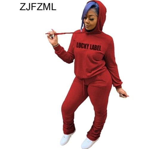 Women Sportswear Tracksuits Casual Two Pieces Set Lucky Label Letter Print Long Sleeve Hooded Hoodie+stacked Sweatpant Sweatsuit