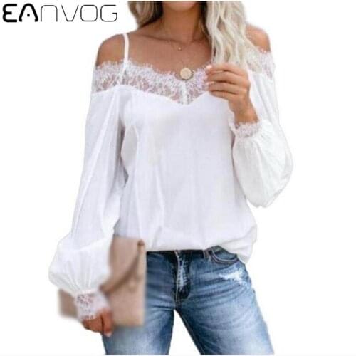 Women Blouse 2021 Summer Sexy Lace Patchwork V-Neck Strapless Long Sleeve Elegant Blouse Shirts Solid Blouses Suspender Shirt