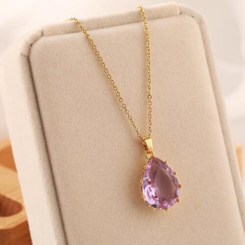 New Fashion Elegant Water Drop Shape Purple Crystal Pendant Women Necklaces No Fade Stainless Steel Female Charm Neck Jewelry