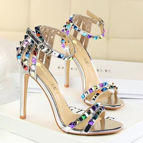 2021 High Heels Rivets Studded Sandals Gladiator Pumps Stripper Open Toe Slip on Sexy Stiletto Valentine Party Club Ladies Shoes