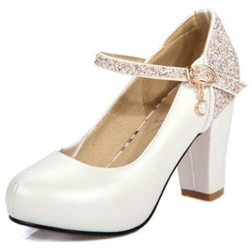 Big Size 11 12 13 platform heels women shoes woman pumps ladies Round-head shallow-mouth one-word buckle water drill thick heel