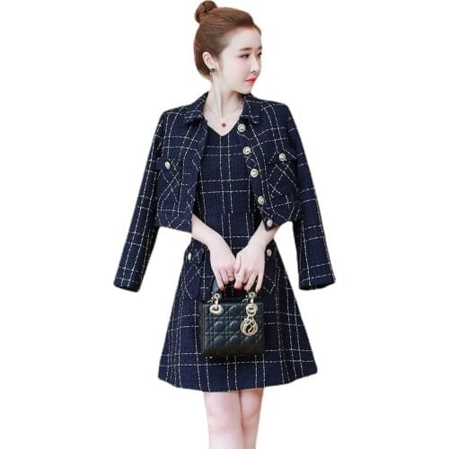 Small Fragrance Plaid Tweed Womens Suit Temperament Single Breasted Cropped Jacket + Slim MIni Tank Dress Tow Piece Set Autumn