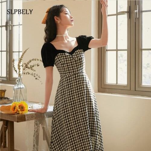 SLPBELY Retro Plaid Women Dresses Summer French Elegant Hepburn Square Collar Puff Sleeve A Line Long Dress Fashion Sundress