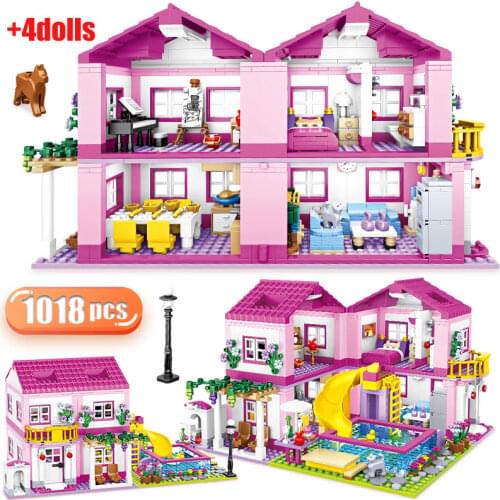 1 Change 3 City Summer Double-storey House Slide Swimming Pool Building Blocks Friend Creator Figures Bricks Toys for Girls Gift