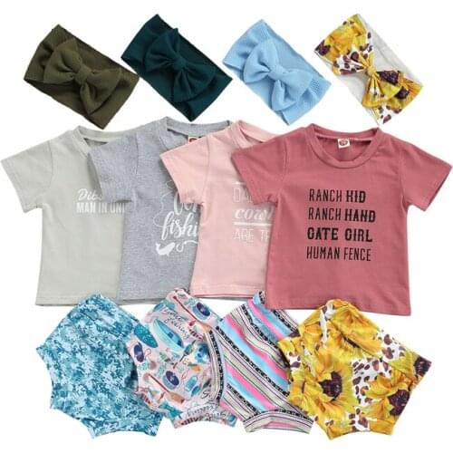 2021 Fashion Girls Clothes Sets Kids Letter Print Short Sleeve O-neck T-shirt Printed Shorts Bow-knot Headband 3pcs Outfits Sets