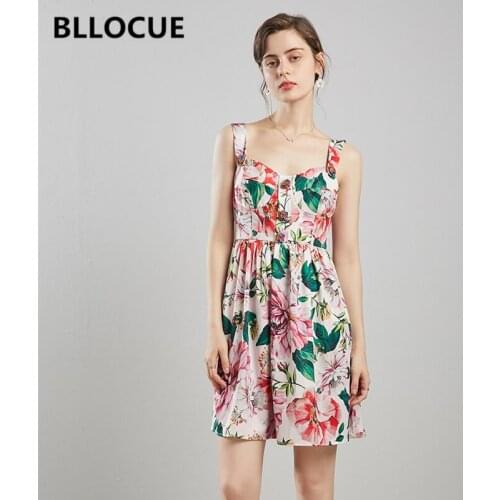 BLLOCUE 2020 Summer Runway Designer Spaghetti Strap Dress Women Elegant Pink Floral Print Petal Button Slim Dress
