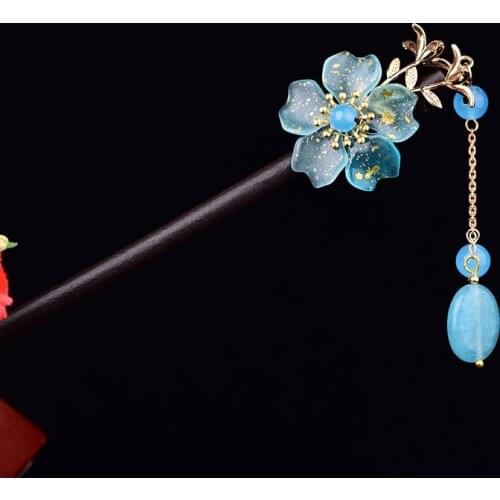 Elegant Temperamental Blue Coloured Glaze Flower Hair Stick Classical Exquisite Crystal Pendant Hair Jewelry Super Fairy Jewelry