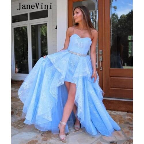 JaneVini Elegant Plus Size Long Light Blue Prom Dresses 2020 Sweetheart Vintage Lace Beaded High Low Ruffles Formal Gala Dresses