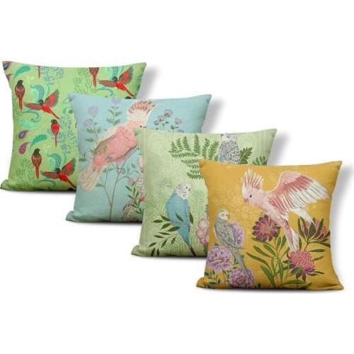 Fantasy Nature Pillow Red Parrot Flower Hummingbird Cartoon Animal Pillow Sofa 43*43Cm Polyester Linen Decoration Cushion Cover