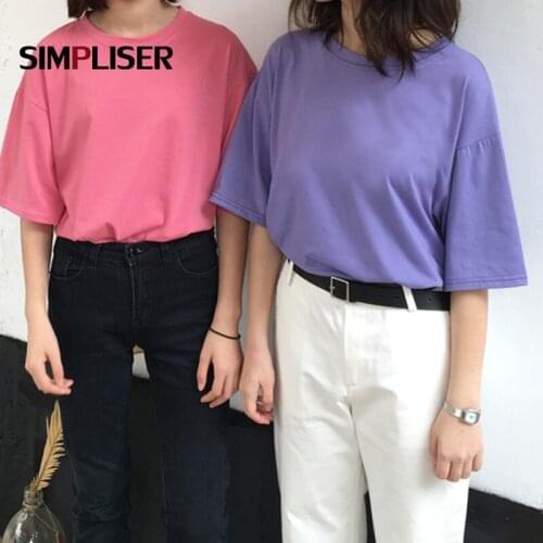 Basic Tees Women All Match T-shirts O-neck Short Sleeve Female Loose Tops Solid Tee Shirt Femme 2021 Summer Womens Clothes
