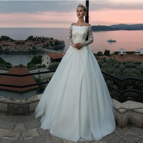 Exquisite Tulle Off the Shoulder A-line Wedding Dresses Lace Appliques Long Sleeve Wedding Gowns Vestido de Noiva Custom Made