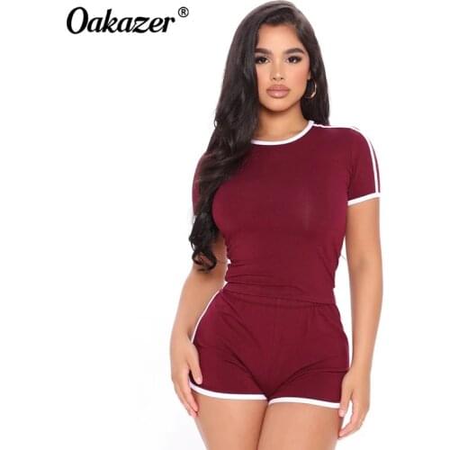 Oakazer Summer Women Tracksuit Clothes 2Pcs Outfit Set Cozy Sport Fitness Set Solid O-Neck Crop Tops Short Sleeve Top Shorts Set