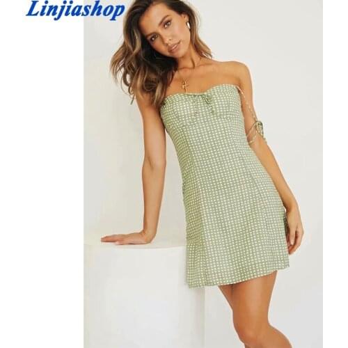 Summer women mini dress slim plaid sleeveless spring spaghetti straps cotton and linen beach short dresses ladies