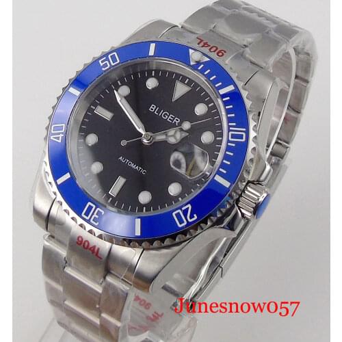 BLIGER SUB 40mm Mechancial Men Watch 24 Jewels NH35A MIYOTA 8215 Movement Brushed Oyster Band Blue Insert Screwdown Crown
