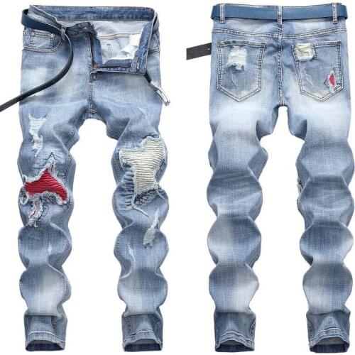 2021 Men’s Moto&Biker Slim-fit Blue Jeans,Scratched&Patched Denim Pants,Elastic Casual Jeans Pants,Youth Fashion Must