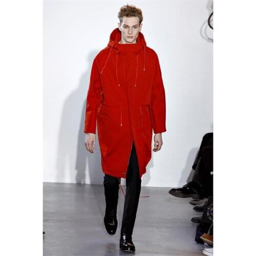 Mens Mao Ni coat mid-length red belt hooded customization