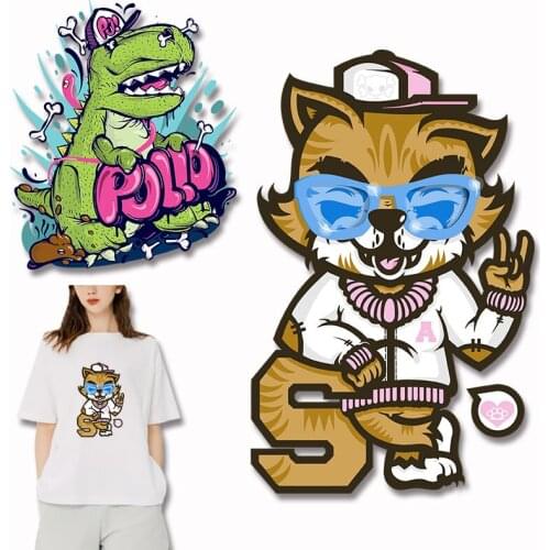 Cartoon animal dinosaur alphabet glasses cat pattern Character Patch for Clothing Iron On Transfer Stickers Printed Decoration