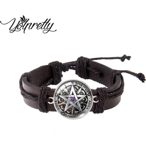 Occult Wiccan Pentagram Lace-up Leather Bracelet Glass Cabochon Charm Pendants Jewelry for men