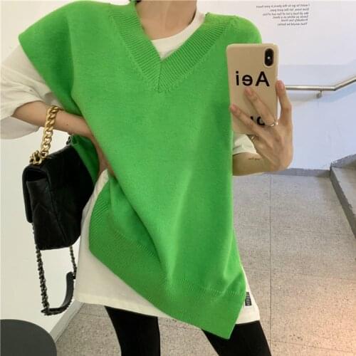 2021 Autumn Winter Y2K Women Pullovers Waistcoat Sweater Vest Knitted Irregular Split Retro Oversized Tops