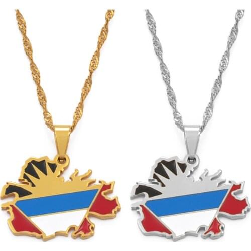 Anniyo Antigua Map Flag Pendant and Necklaces for Women Girls Gold Color and Stainless Steel Jewelry Waladli/Wadadli #111821