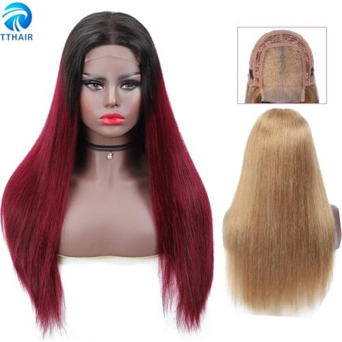 TTHAIR Closure Wig Straight 4x4 Lace Closure Wig Ombre Human Hair Wigs Transparent Lace Wig Brazilian Remy Colored Burgundy Wigs