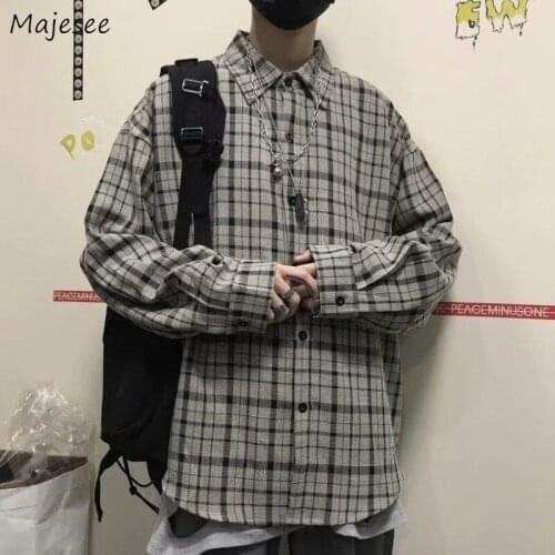 Shirt Women Plaid Long Sleeve Preppy Style Retro Cool Streetwear Leisure Turn-down Collar Blusas BF Harajuku Unisex Couple 3XL