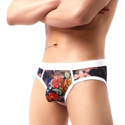 European size Mens Mesh Briefs Underwear Gay Sexy Lace Lingerie Briefs Sexy Perspective Underpants Men Panties Hombre Cueca