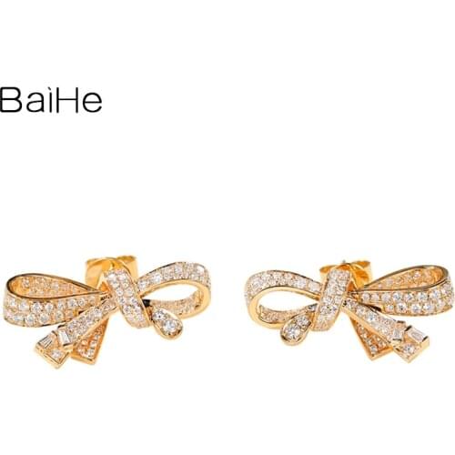 BAIHE Solid 14K White Gold 0.98ct H/SI Natural Diamonds Wedding Party Trendy Fine Jewelry Stud Earrings Bowknot Women серьги