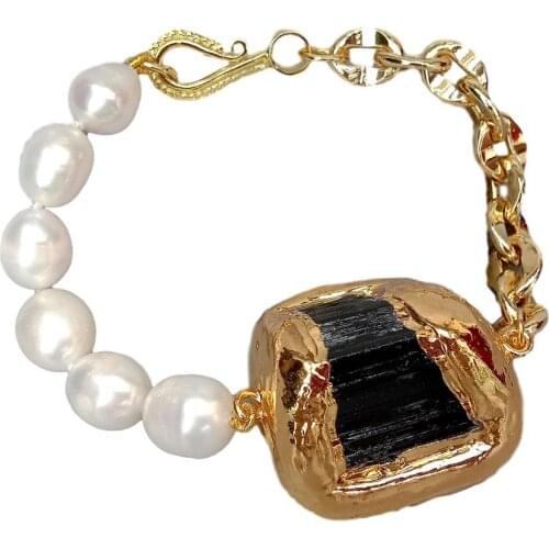 YYGEM natural Cultured White Rice freshwater Pearl Natural Black Tourmaline Rough Raw gold color plated pave Bracelet 8.5"