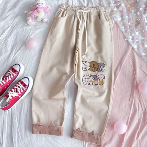 Autumn Japanese Kawaii Cartoon Khaki Pants Women Soft Sister Embroidery Cat Dog Letter Teenage Girl Cute Ear Roll Up Trousers