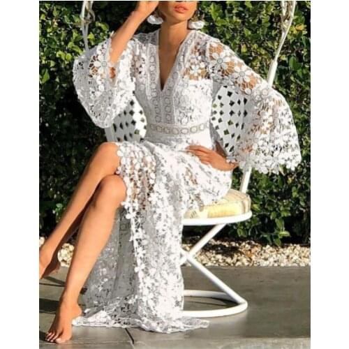 2021 Spring Autumn Women Sheath Maxi Long Dress White Blue Yellow Blushing Pink Long Sleeve Solid Color Embroidered Lace V Neck