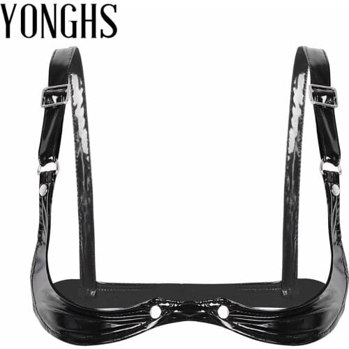 Womens Erotic Lingerie Open Cup Bra Top Adjustable Spaghetti Straps Sexy Bra Lingerie Wetlook Faux Leather Wire-Free Hot Bra Top