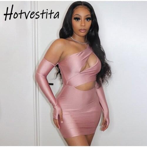 Hotvestita 2021 Spring Autumn Sexy Hollow Out Mini Dress Oblique Shoulder Long Sleeve Finger Cot Women Bodycon Party Club Dress