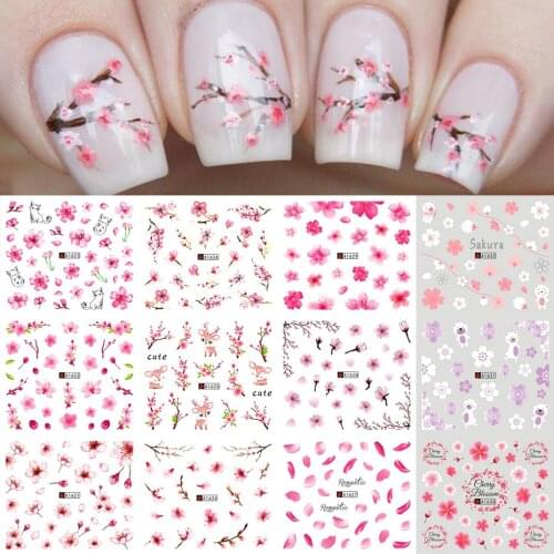12pcs Sakura Cherry Blossoms Water Nail Stickers Flower Leaf Cat Deer Sliders For Nails Spring Manicure Decorations LYA1621-1632