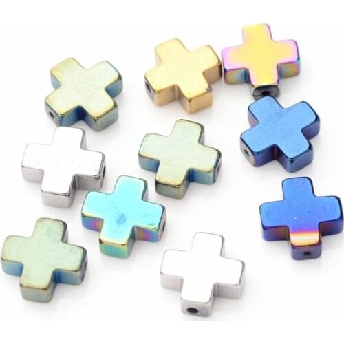 20pcs Mixed Color Greek Cross Electroplate Non-magnetic Synthetic Hematite Beads for jewelry making 8x8x3mm, Hole: 1mm F70