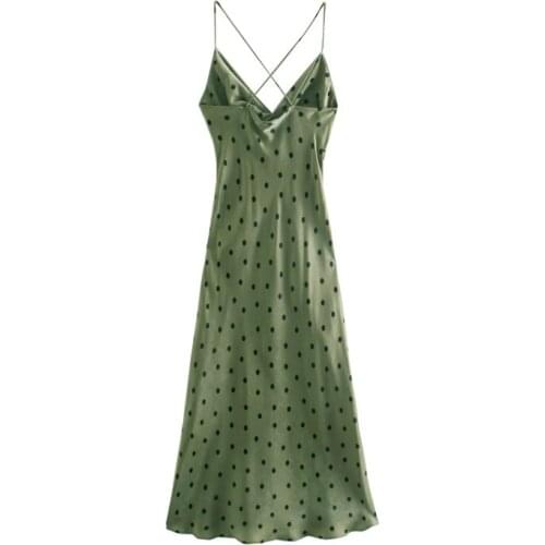 2021 New Sexy Party Dresses Women Green Polka Dot Midi Dresses Female V-Neck Sleeveless Camisoles Elegant Ladies Vestidos