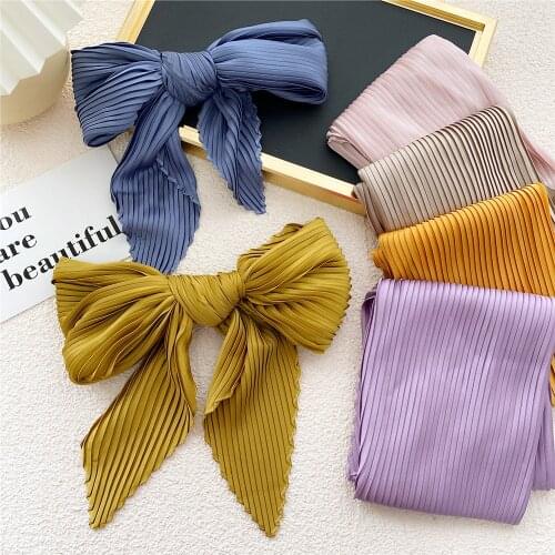 70cm Hot Fashion New Women Silk Solid Folded Wrinkle Square Scarf Hair Bag Handle Decoration Tie Multifunction Hand Ribbon Scarf