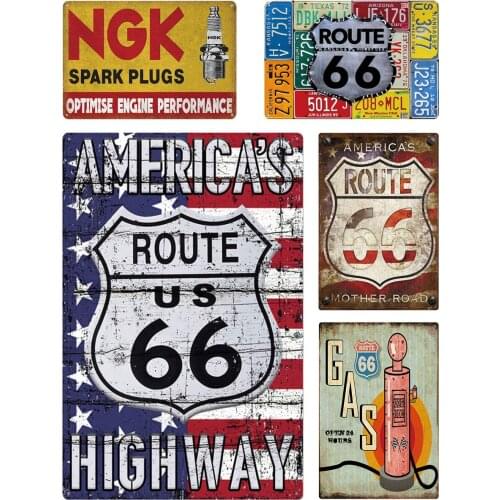 Americas Route Us 66 Highway Vintage Metal Poster of Mother Road Gas Open 24 Hours Tiki Bar Garage Art Wall Poster Decoration