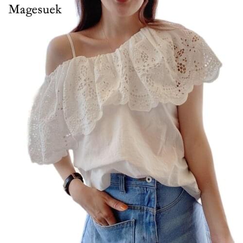 Hollow Out Ruffles Summer White Shirt Sexy Off Shoulder Blouse Cotton Clothes Women Blouses Tops Slash Neck Plus Size New 15401