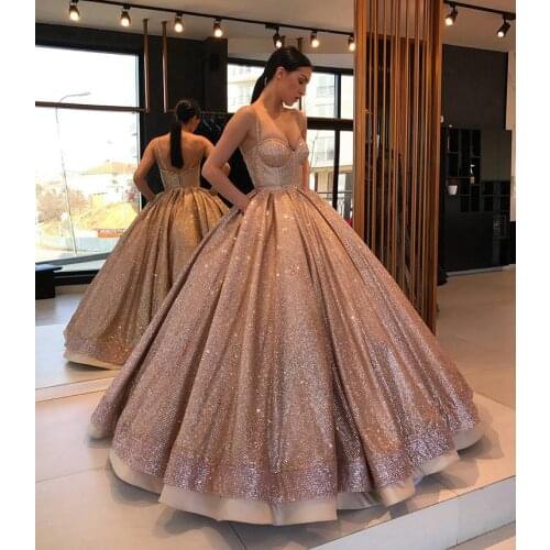 Charms Ball Gown Sweet 16 Dress Rose Gold Straps Puffy Glitter Women Party Quinceanera Dresses платье robes de soirée