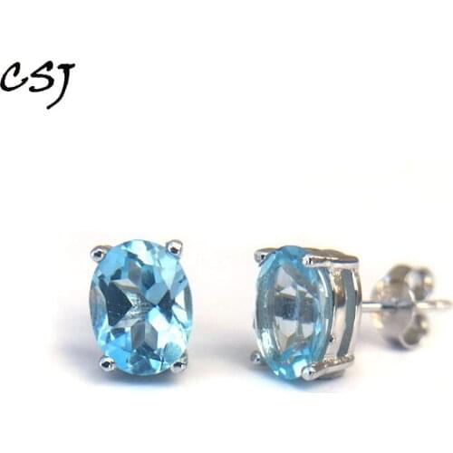 CSJ Cute Natural Sky BlueTopaz Stud Earring Sterling 925 Silver High Quality Fine Jewelry Women Femme Wedding Party Gift