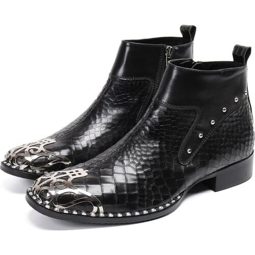 Classic Mens Large Size Black Leather Boots Winter Fashion Man Business Party Wedding Boots Metal Toe Male Motorcycle Boots