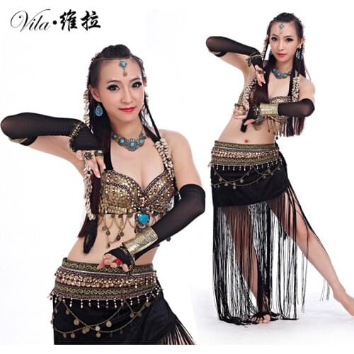 Belly Dancing Clothes Tribal 2pcs Set Coins Bra, Tassel Hip Scarf Tribal Belly Dance Costume Set Performance