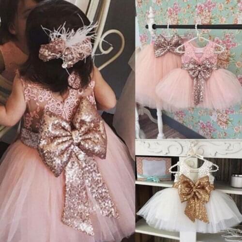 Summer Sequin Big Bow Baby Girl Dress 1st Birthday Party Wedding Dress For Girl Palace Princess Evening Dresses Kid Clothes