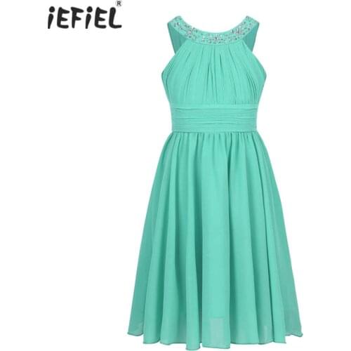 Iefiel Kids Girls Summer Sleeveless A-line Flower Shaped Rhinestone Halter Chiffon Dresses for Birthday Party Flower Girls Dress